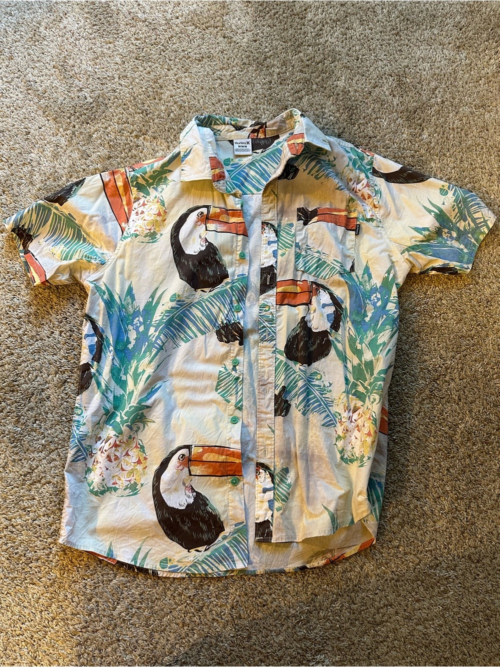 Hurley Tropical Toucan Print Short-Sleeve Shirt - Blue/Green Men’s Medium
